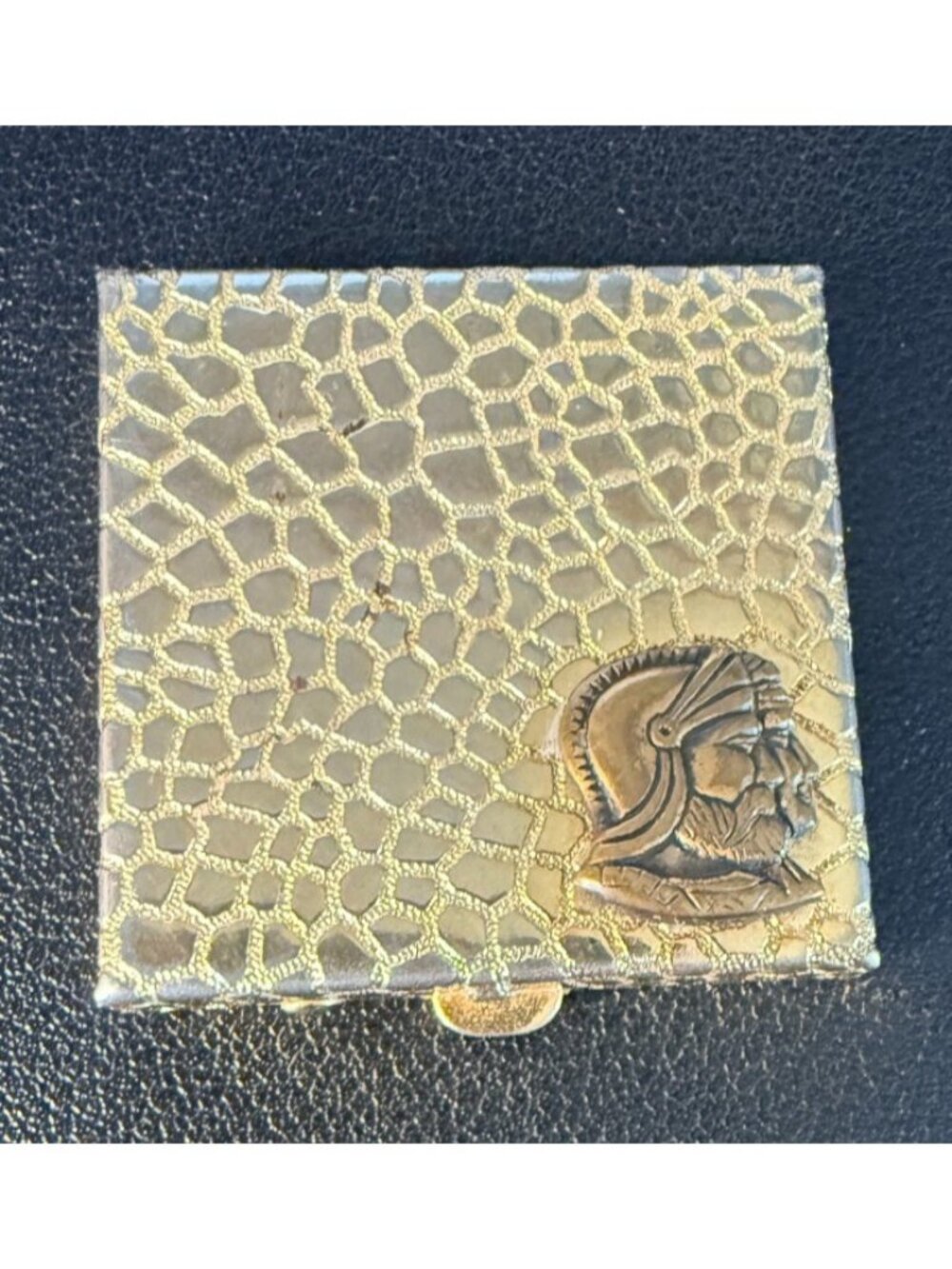 Vintage‎ Gold Tone Square Pill Box - Reptile-like Pattern -Roman Helmet Trinket